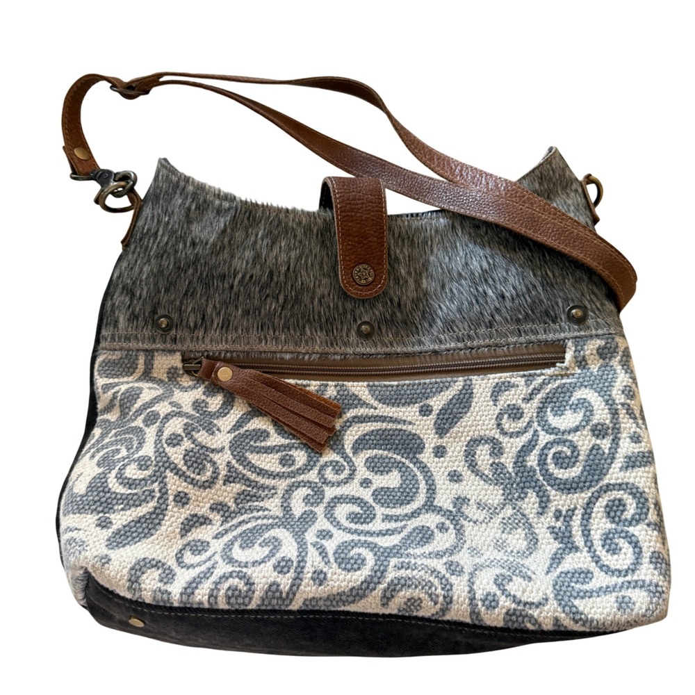 Myra Bag Womens Blue Paisley Cowhide Upcycled Canvas Leather Shoulder Bag Large